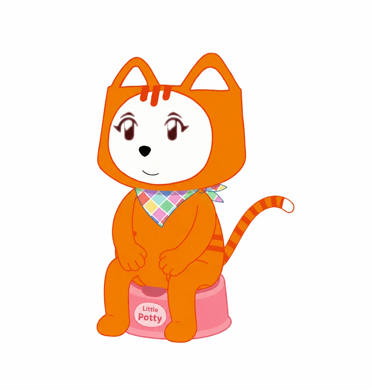 Giant Poppy cat sitting on the Little potty. Her hands on he...