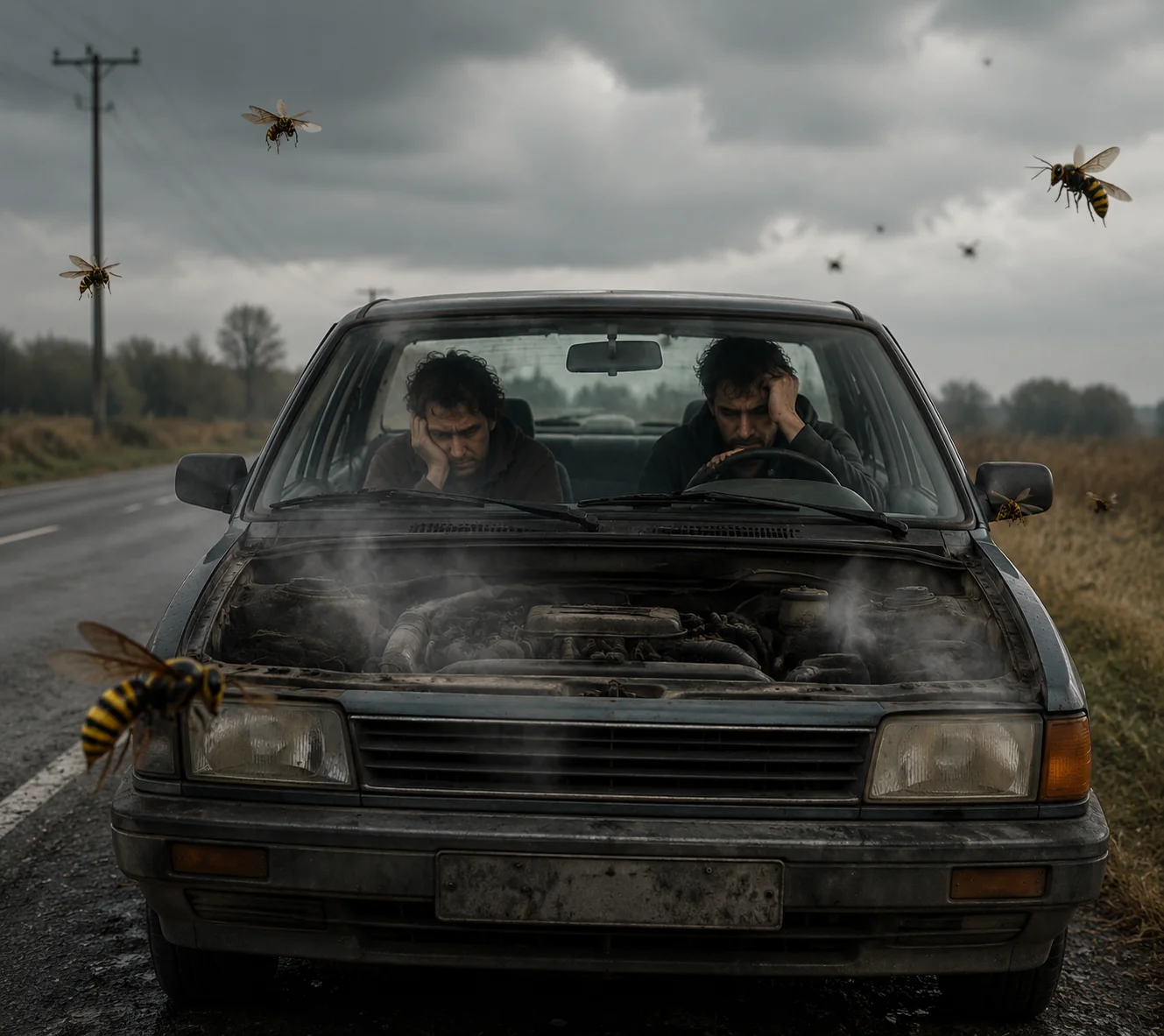 make me an image of a car breaking down with two depressed m...