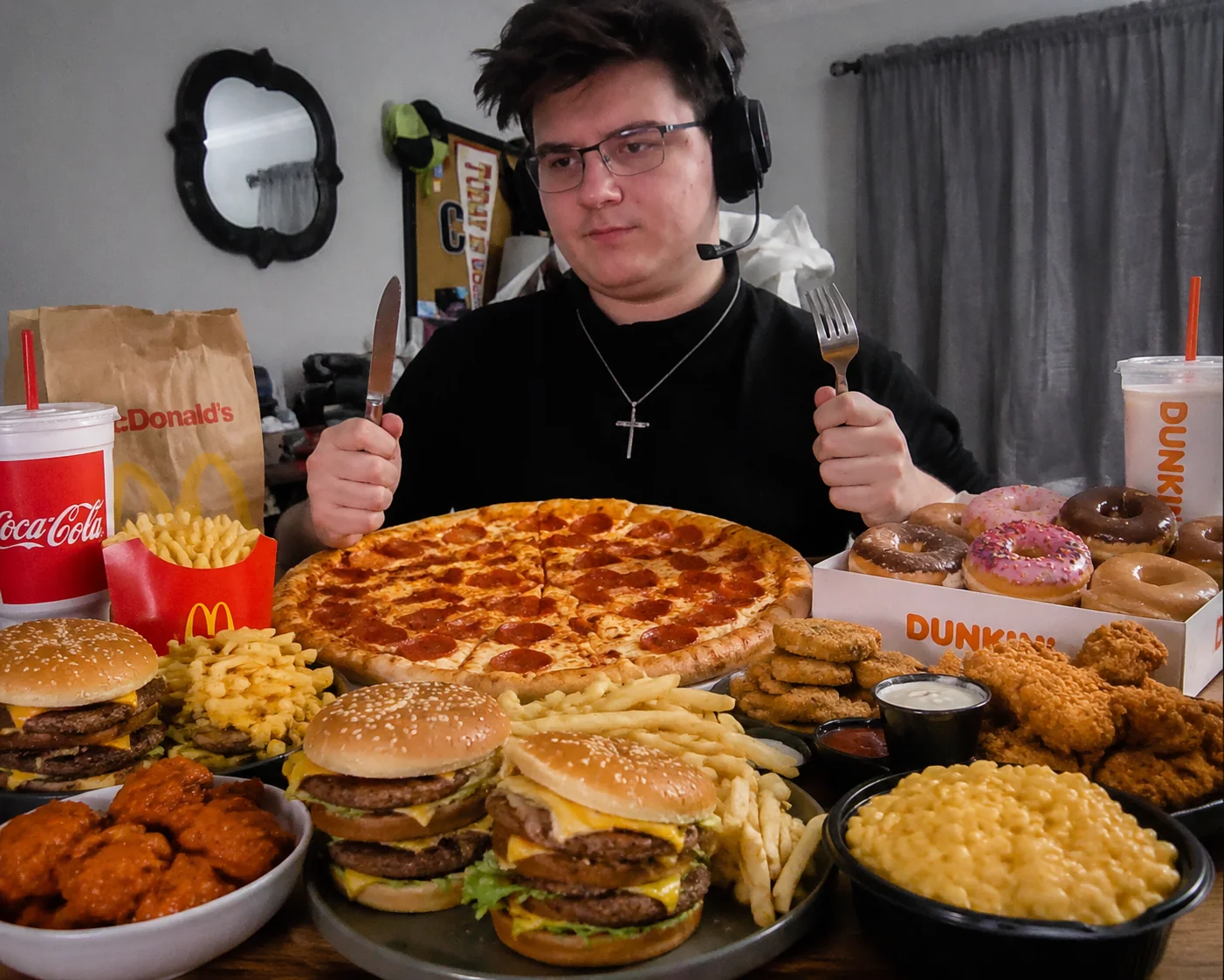 Make this person sit in front of a table alone with a very l...