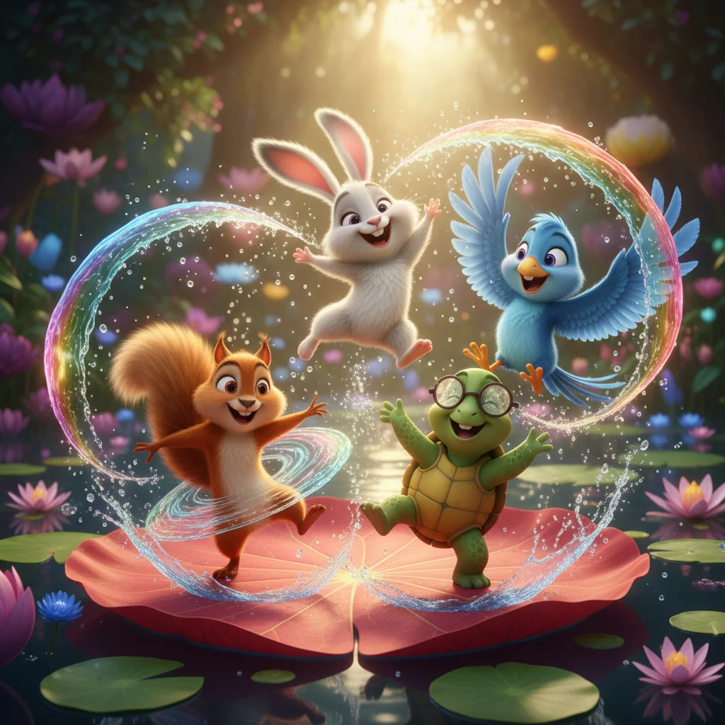 Explosive joyful dance close-up in Pixar-style enchanted pon...