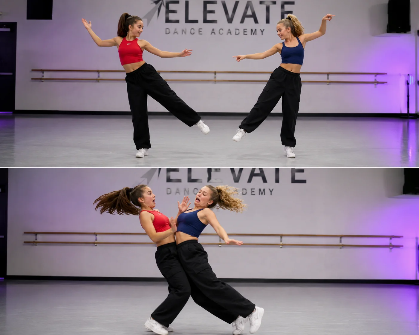 Two girls dancing then bump into eachother and lose
