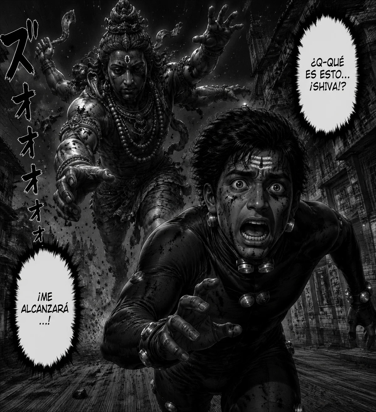 Generar un panel de manga con estilo gantz: estatua de Shiva...