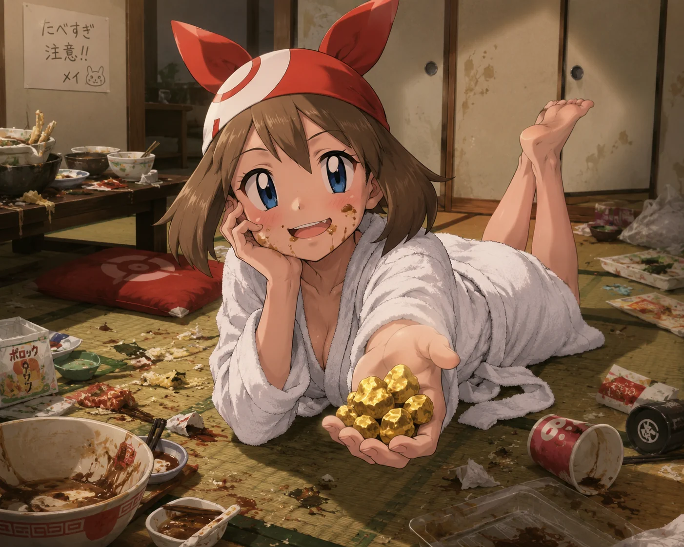 May from Pokémon lying on her stomach and offering gold nugg...