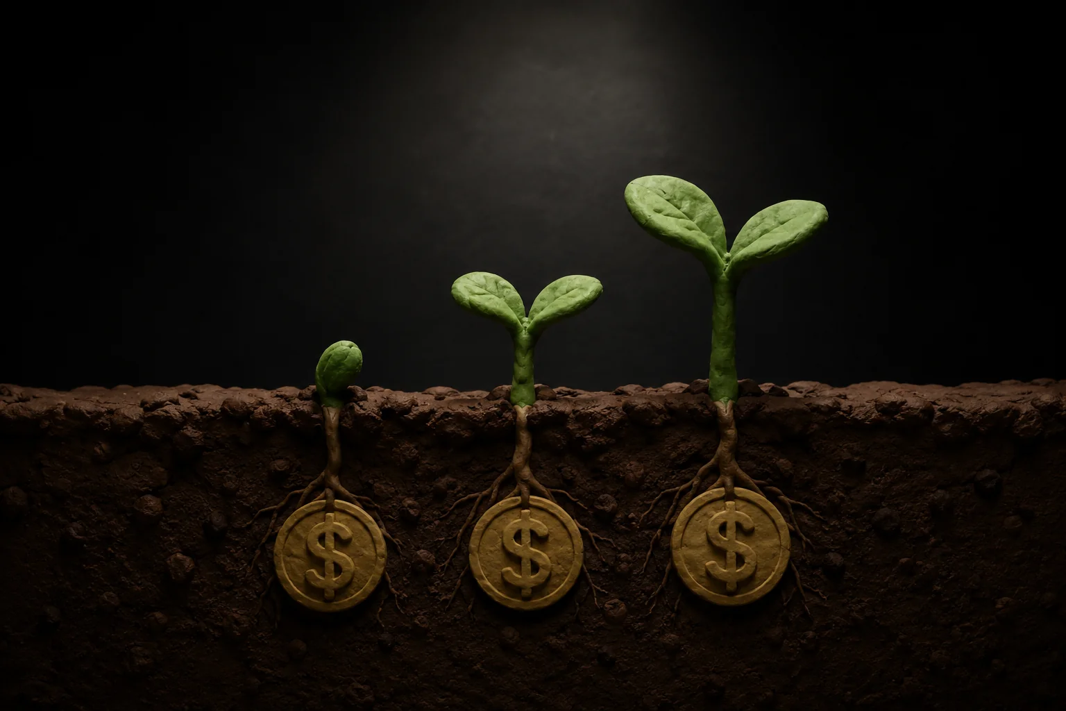 generate a landscape image: three plant-coin under soil, try...