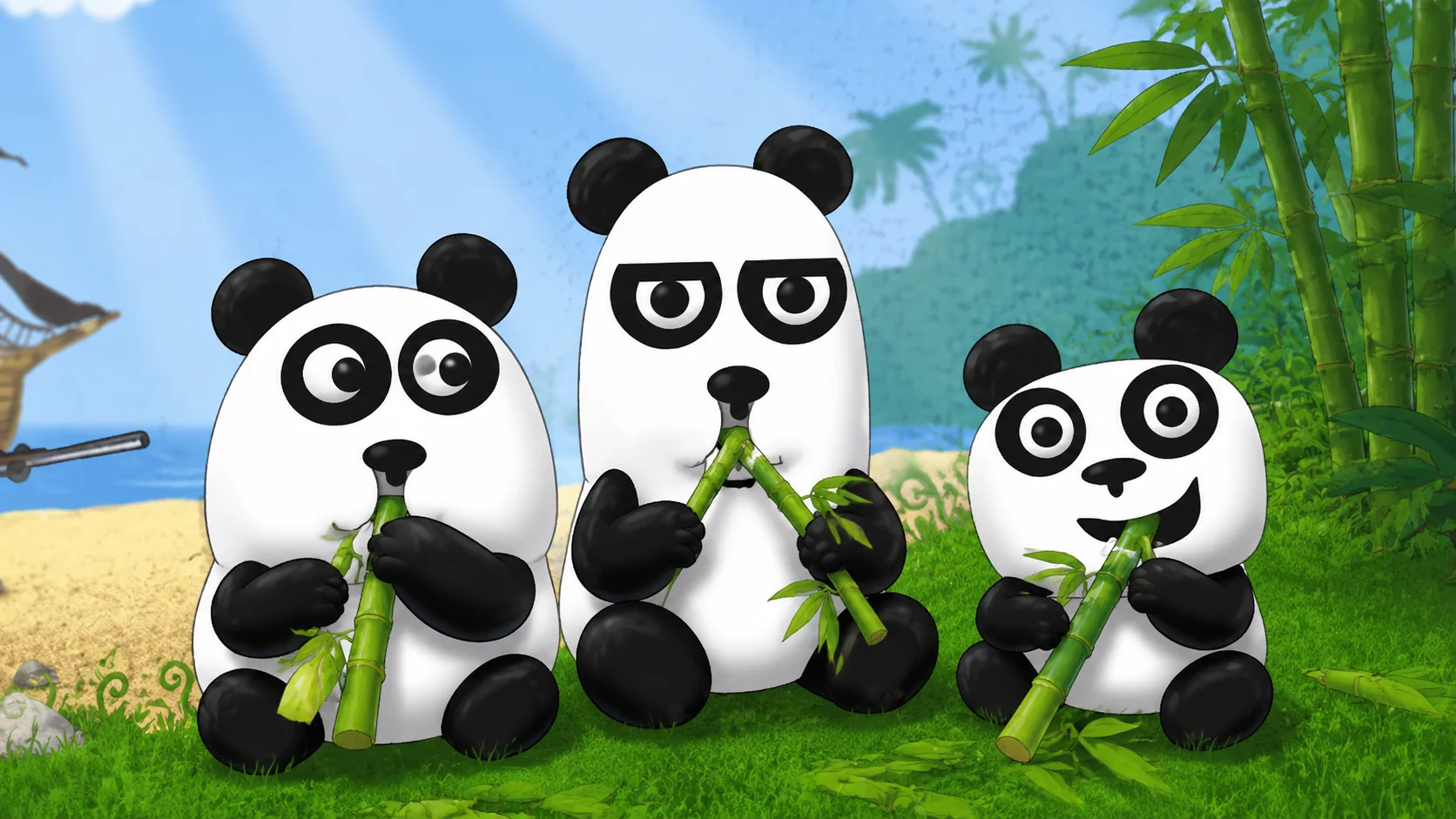 3 pandas eating bambus