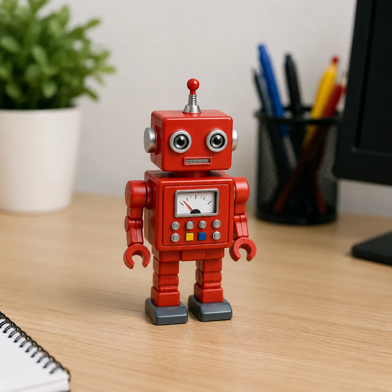 A small test image of a red toy robot on a desk