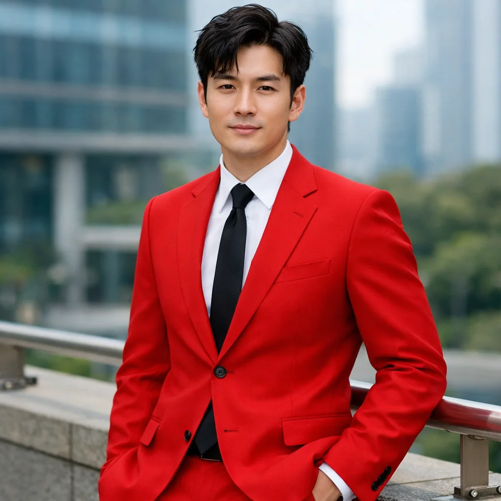 把照片里面的衣服换成红色的西装