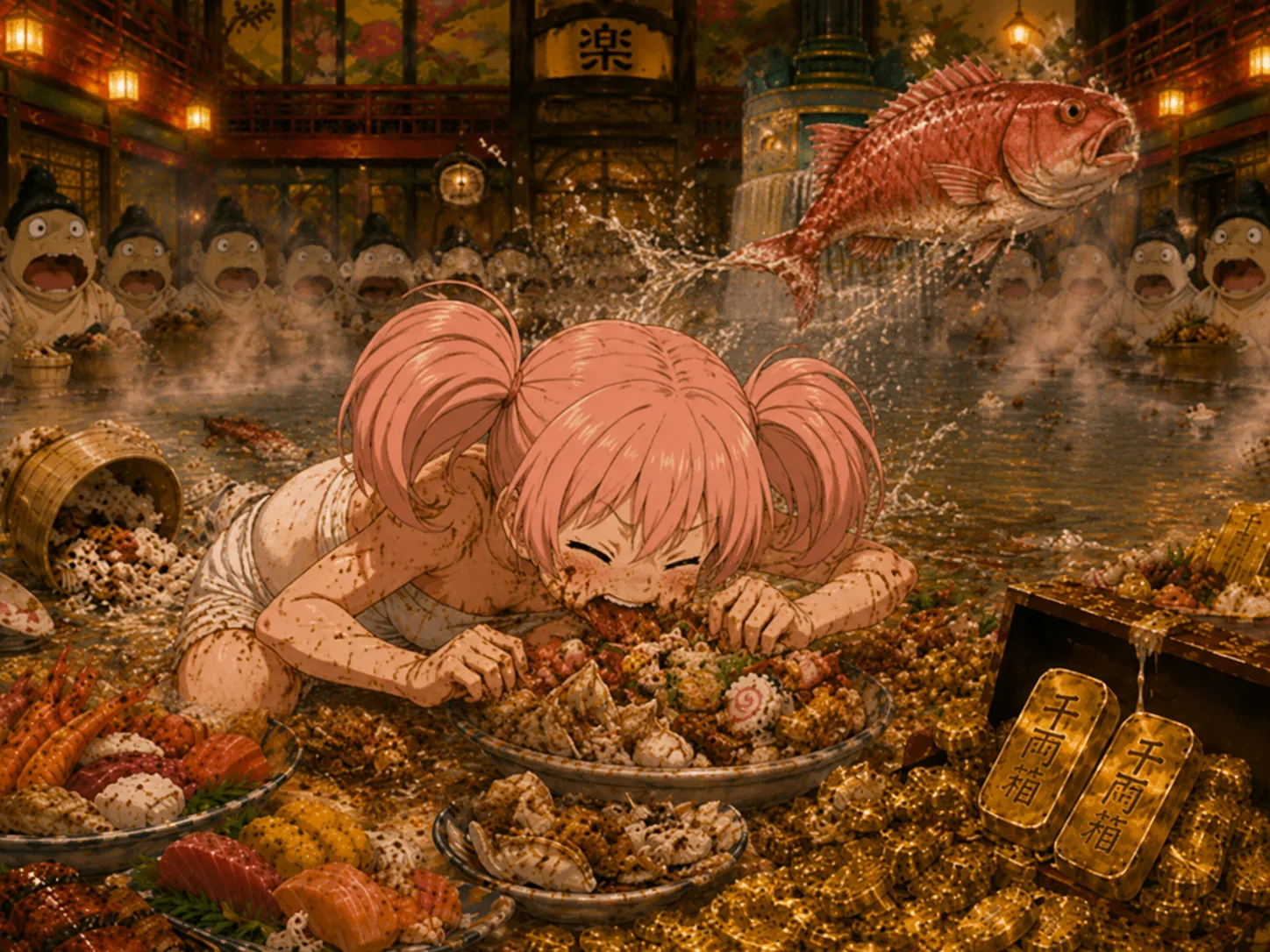 Throwing fish behind and bowing down eating the food below.