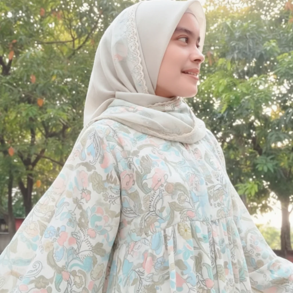 keep face, brown hijab, full dress, side view shot,