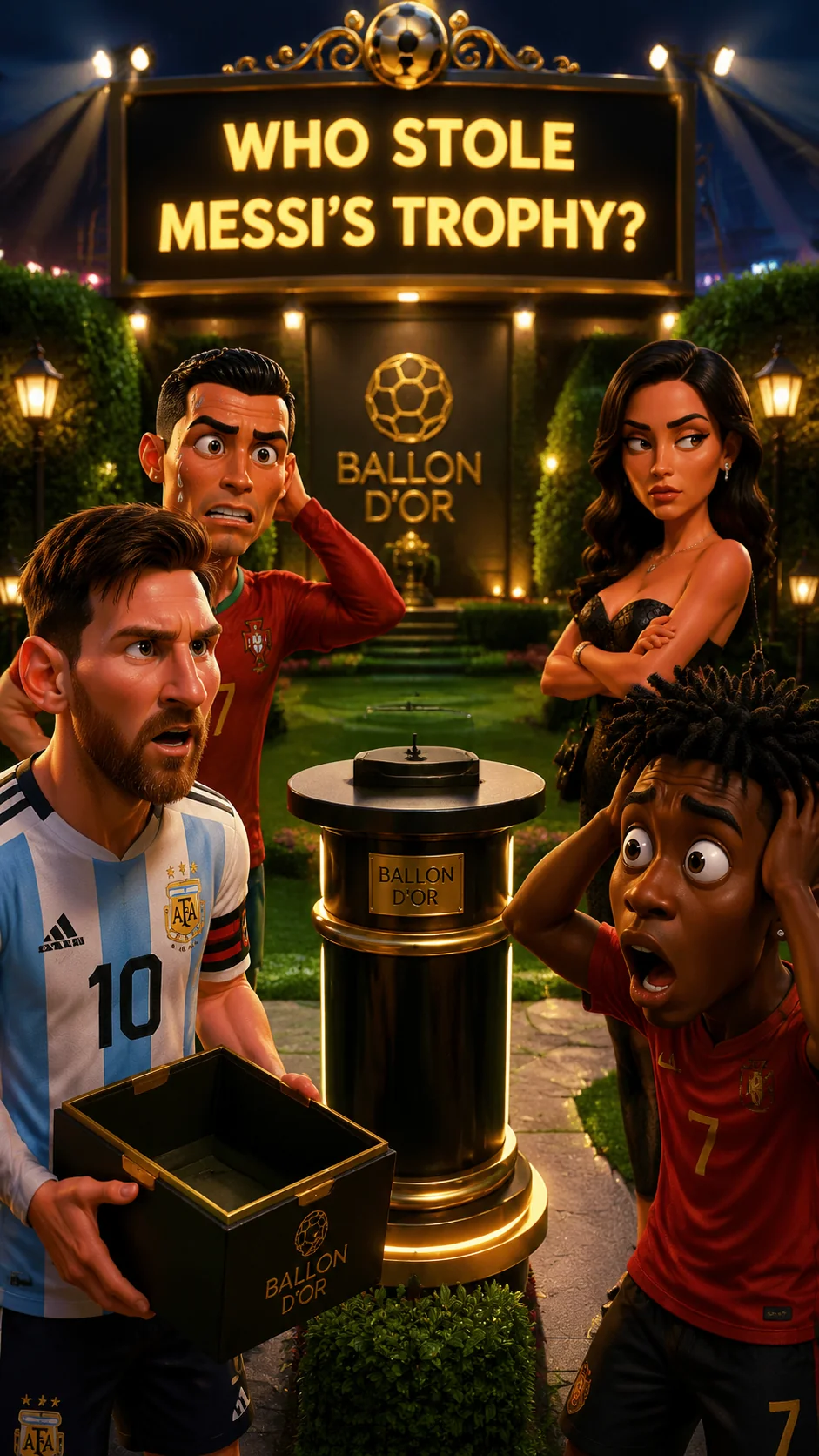 🎬 SCENE 1 — “WHO STOLE MESSI’S TROPHY?”
🖼 IMAGE PROMPT
Ver...