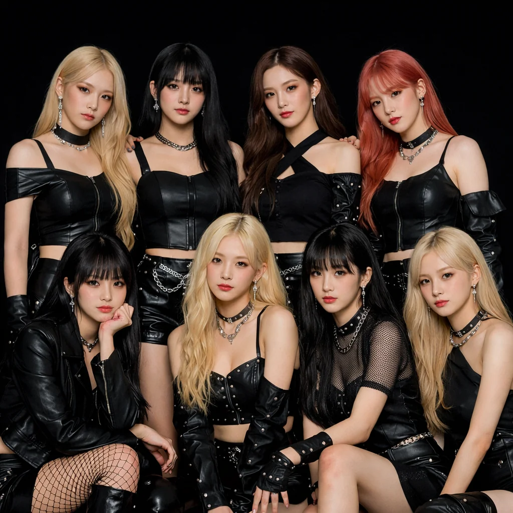 Generate an image of 8 K-pop girls in in front of a black ba...