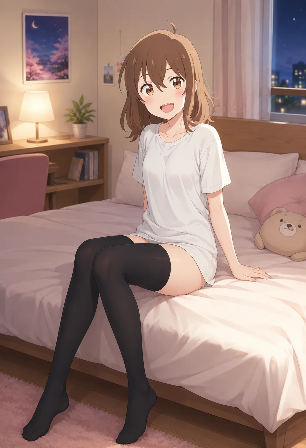 In bedroom with thighhigh black socks and wearing a white T ...