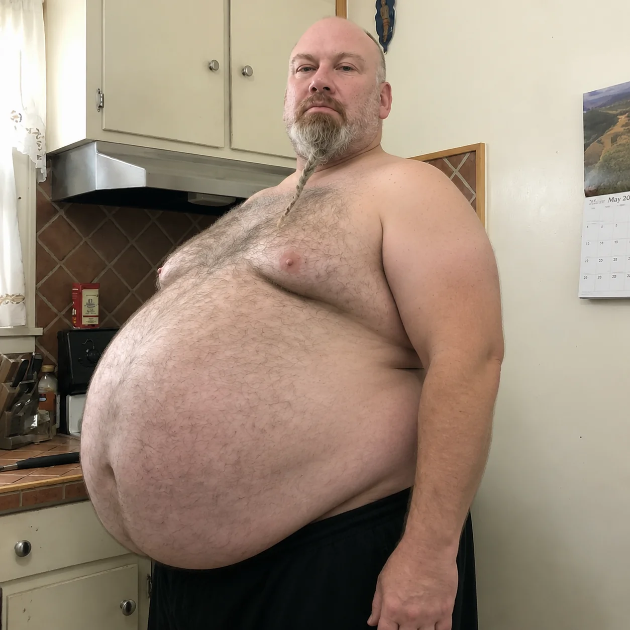 Make man’s belly bigger and make him standing at a side angl...