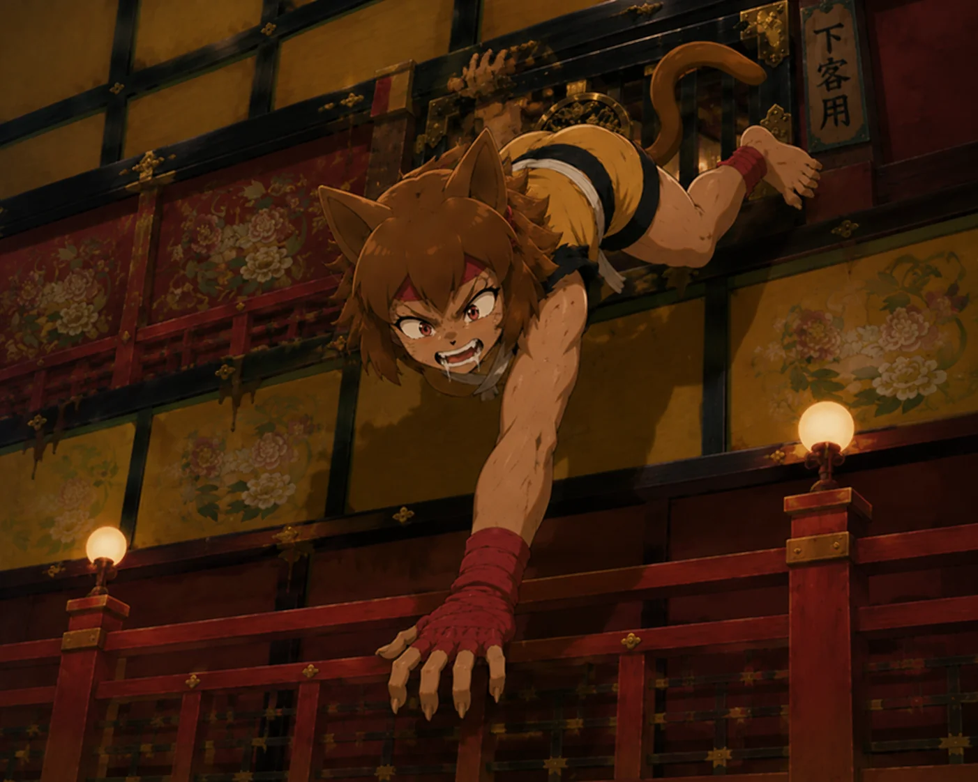 Using this image, put the character’s hand on red railing on...