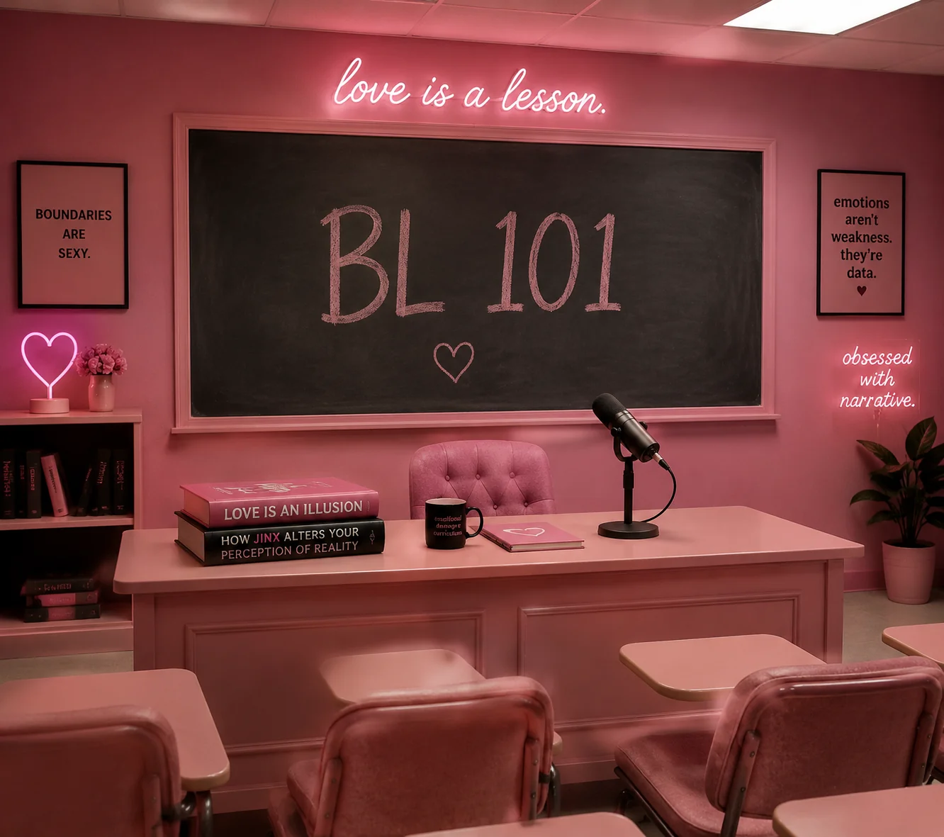 a pink classroom with BL 101 written on the board, micropho...