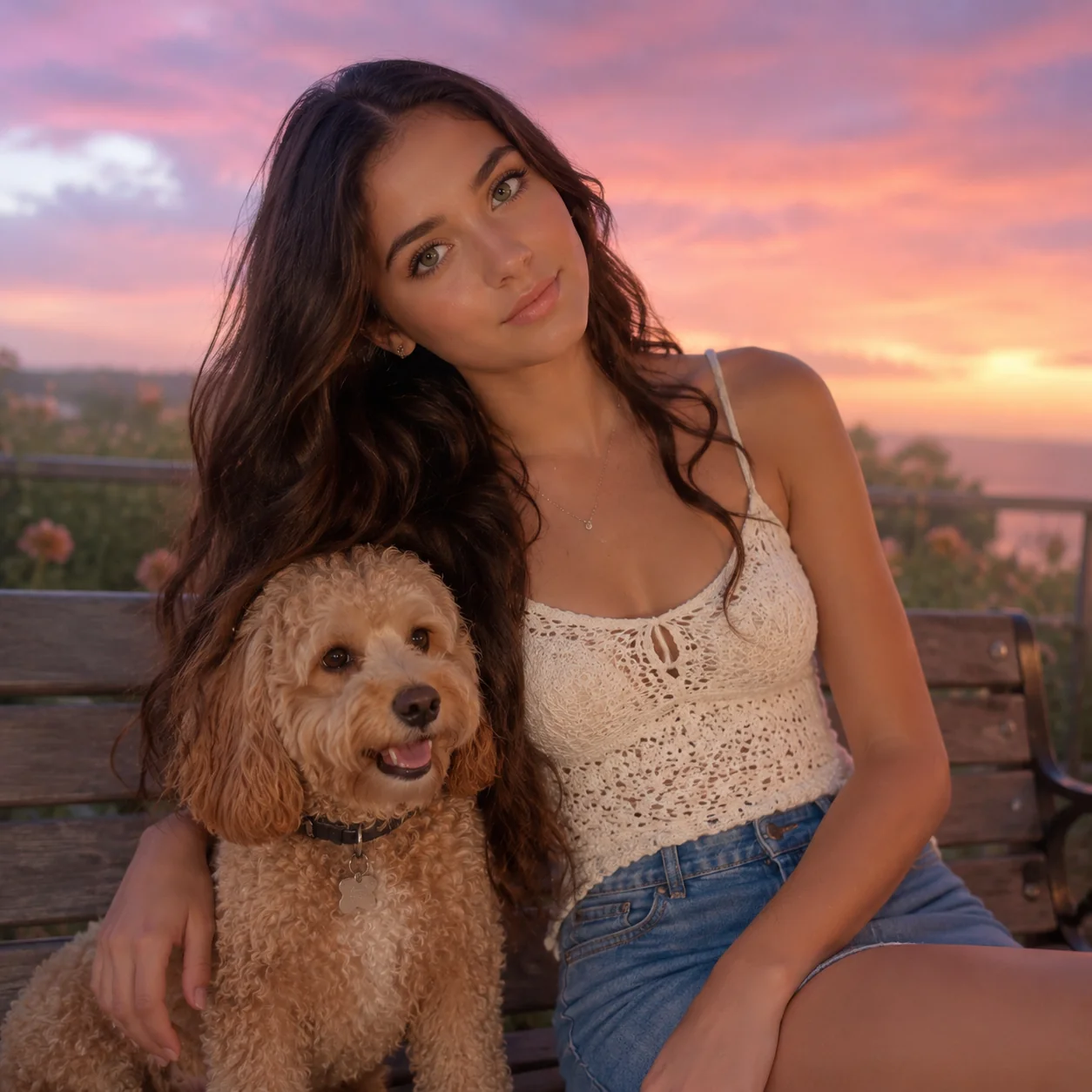 A teenage girl with long, wavy brown hair worn down, soft na...
