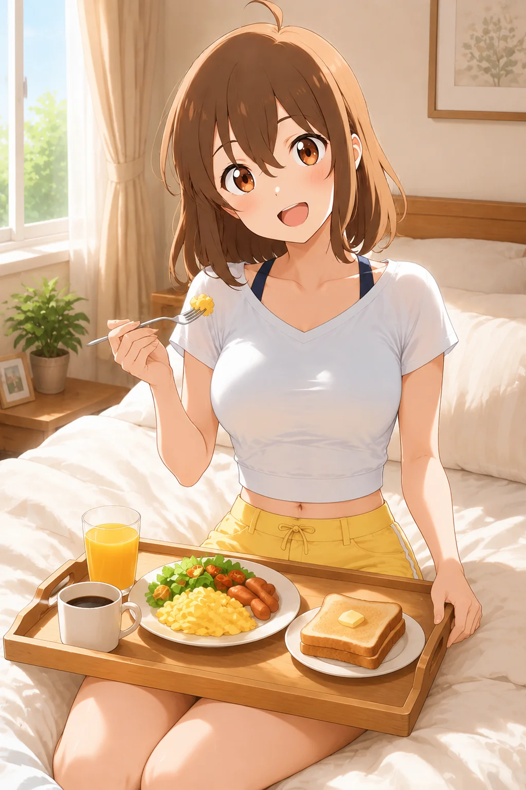 Eating breakfast in bed using a tray.