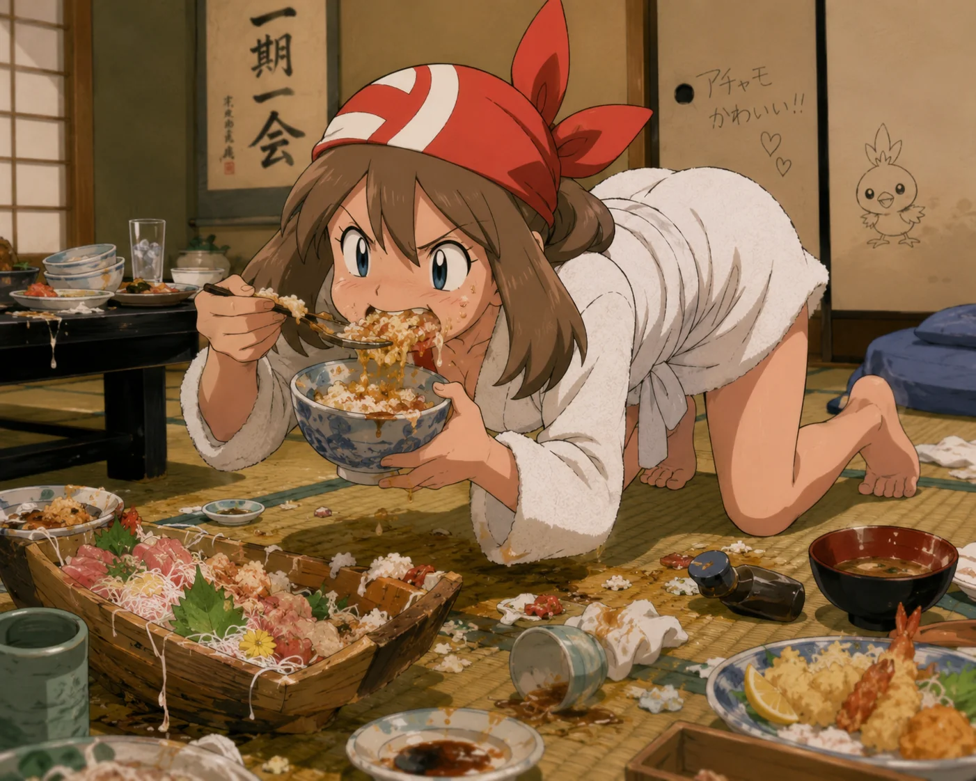 May from Pokémon eating aggressively in a food messy tatami ...
