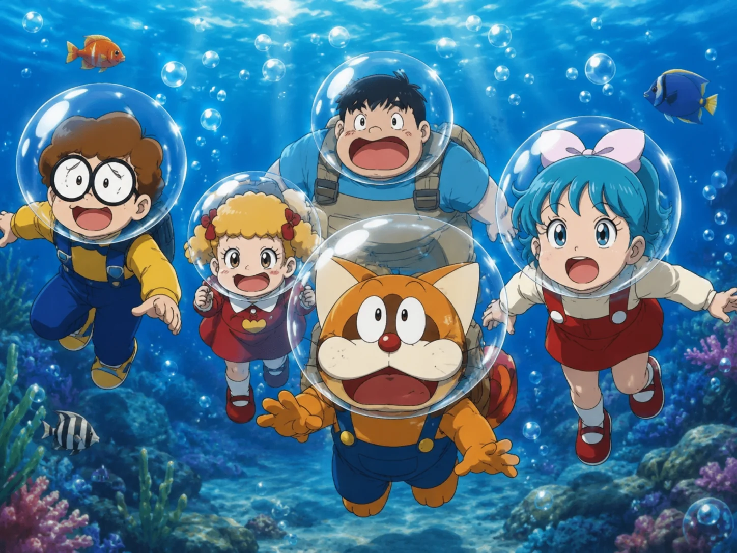 Pokonyan and friends are wearing bubble on head and going un...