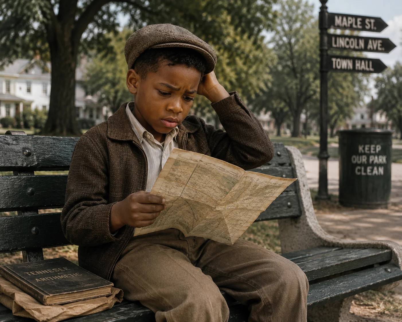 An 8-year-old African American boy dressed in 1950s clothing...