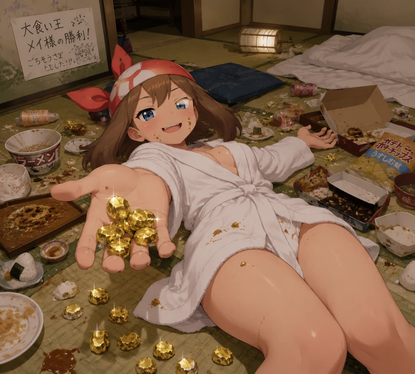 May from Pokémon lying on her back and offering gold nuggets...