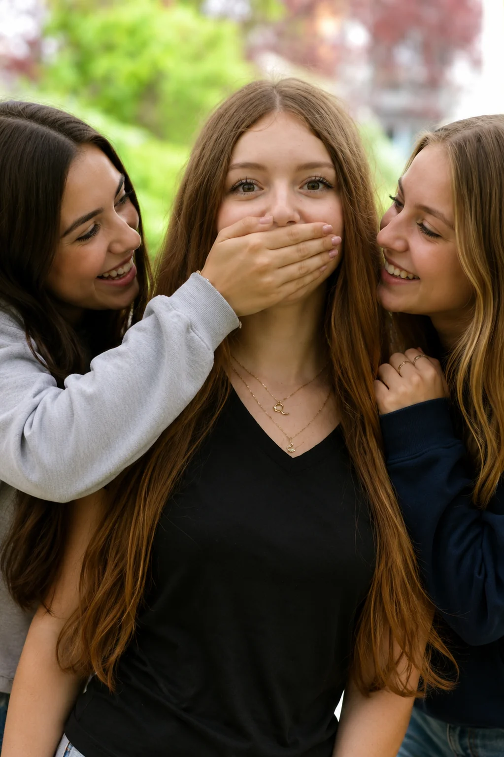 Can you make it so the girl has playfully her mouth covered ...