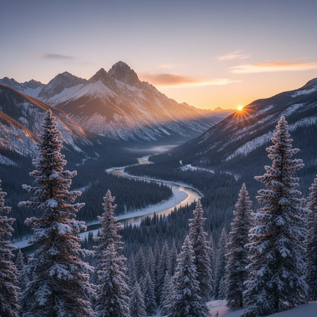 Snow-capped mountains at sunrise, golden sunlight on peaks, ...