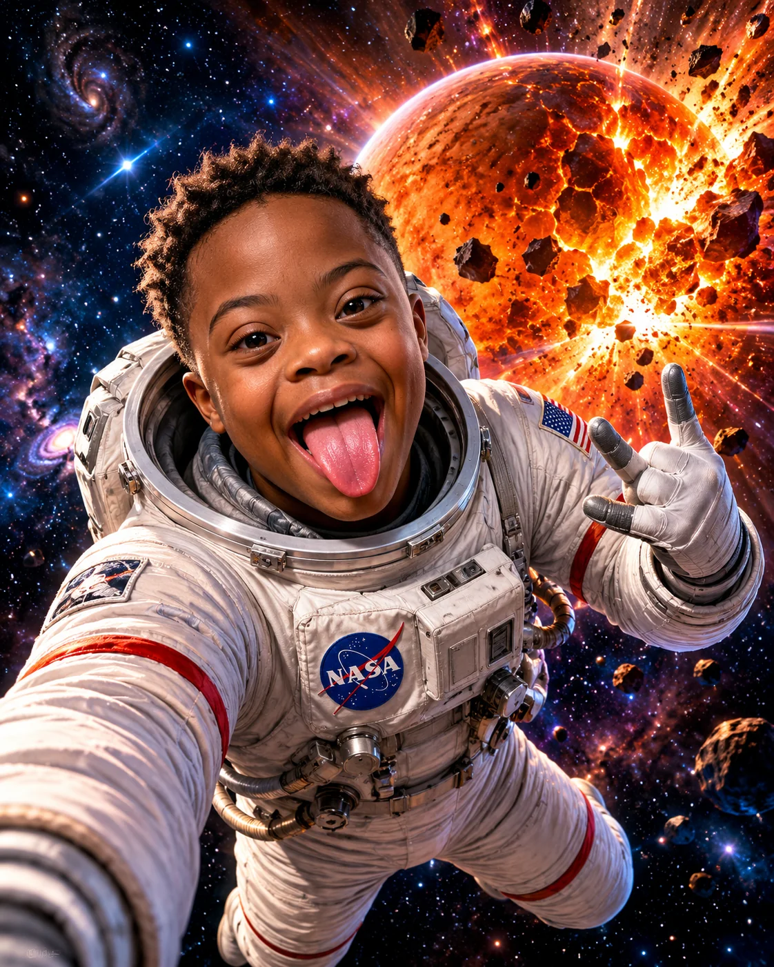 black 10 year-old kid with down syndrome in a space suit flo...