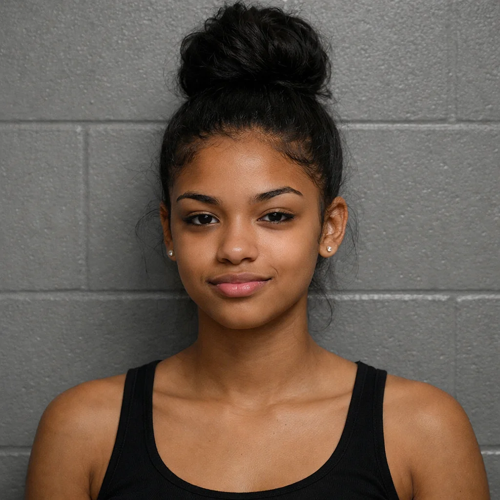 Mugshot, 2021, grey wall, a 18-year-old Black girl, black ha...