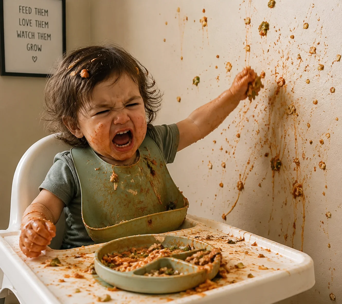 Frustrated while eating. Causing a mess on walls with food b...