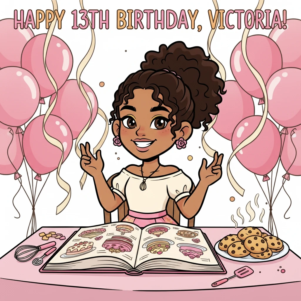 Victoria, surrounded by pink balloons and cream-colored streamers, beamed with excitement on her 13th birthday. A brand-new cookbook lay open in front of her, filled with pictures of beautiful cakes and pastries. The aroma of freshly baked cookies filled the air, a testament to her passion for baking and her love for famous pastry chefs.