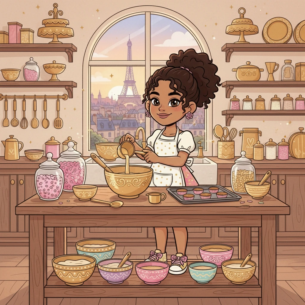 Her kitchen was transformed into a baking wonderland, with gold-colored utensils and sprinkles galore. Victoria, wearing a stylish apron, carefully measured ingredients for her dream cake. She imagined herself as a future pastry chef, creating exquisite desserts in a stylish Parisian patisserie.