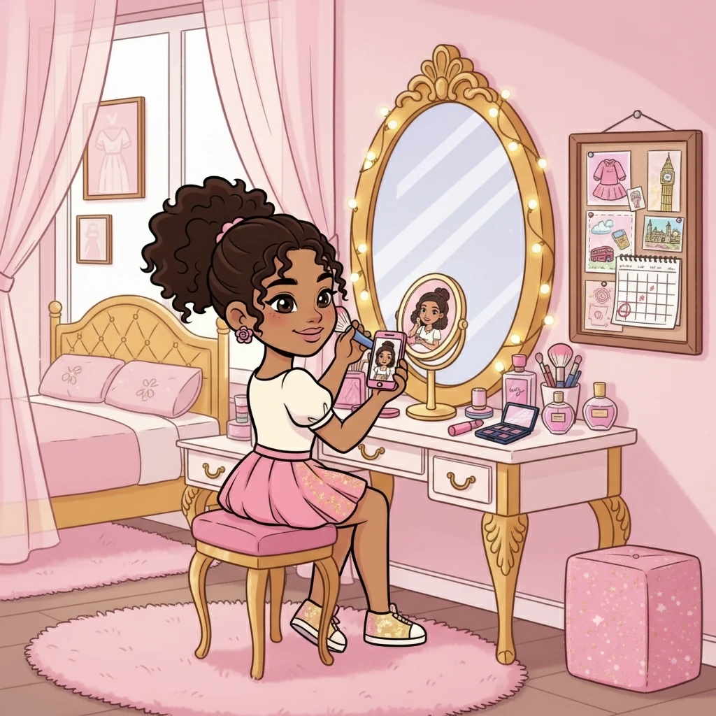 Later, Victoria sat at her vanity, experimenting with makeup and watching beauty influencer tutorials. She admired the latest fashion trends and planned her outfits for her school trip to London. Her room was a reflection of her vibrant personality, filled with pink and gold accents.