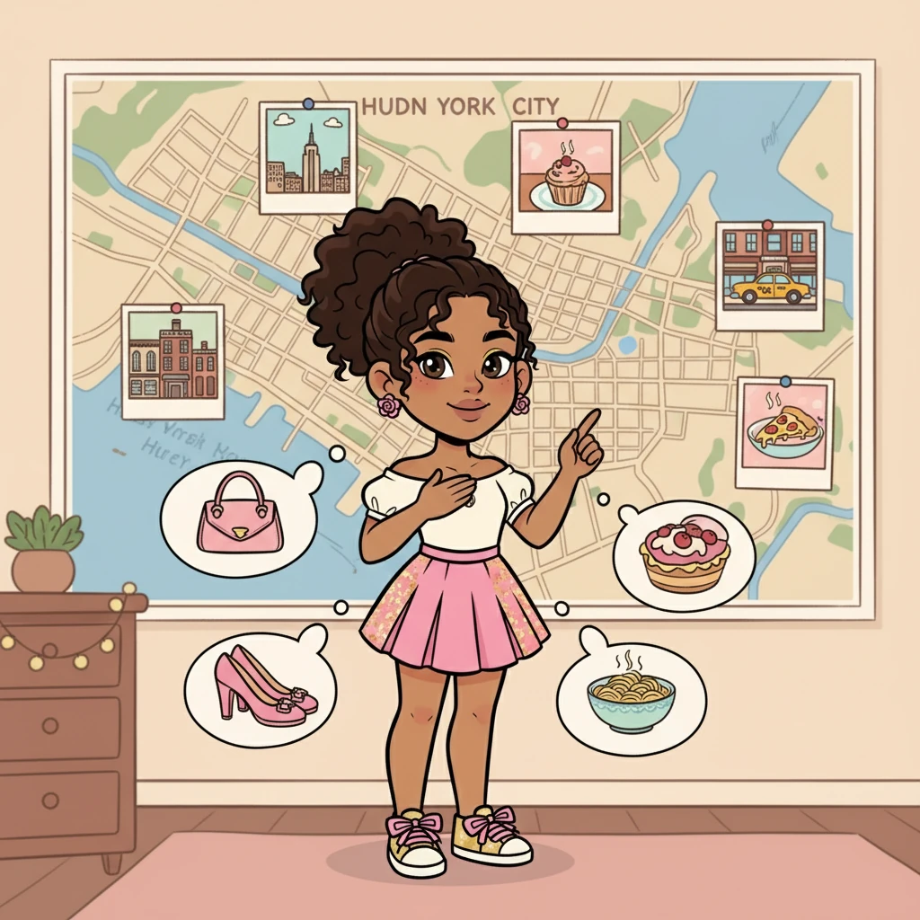 A map of New York City hung on her wall, pinned with photos of famous landmarks. Victoria dreamt of visiting the Big Apple someday. Her heart fluttered with anticipation as she looked forward to exploring the city's culinary scene and fashion boutiques.