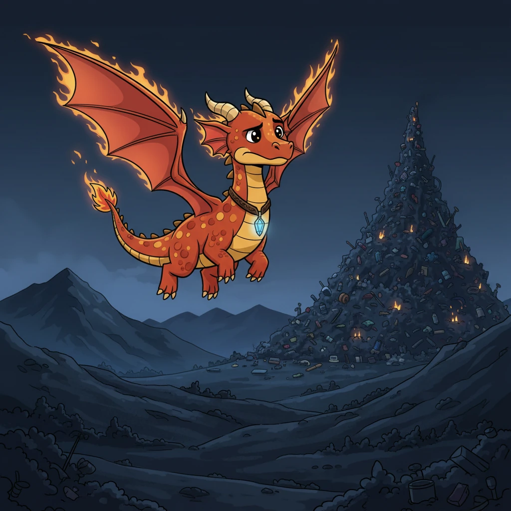 With a mighty roar, Ignis took flight. He soared over the valleys and mountains, a fiery silhouette against the inky sky. He flew towards the largest of the rubbish dumps, his heart heavy with the task ahead.