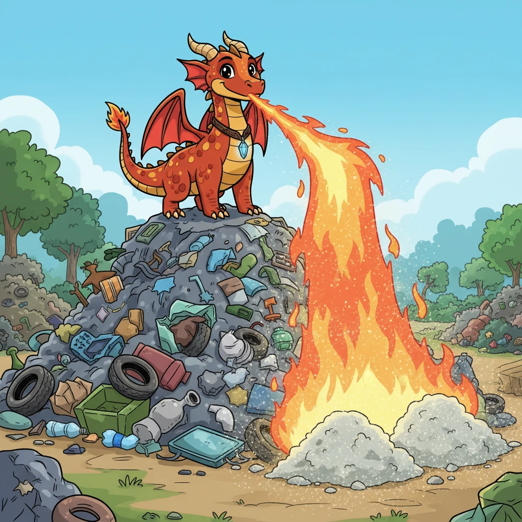 As he reached the dump, Ignis unleashed his fiery breath. Not to destroy, but to incinerate! The flames were hot, but controlled, turning the mountains of waste to ash, cleaning the landscape with precise care.