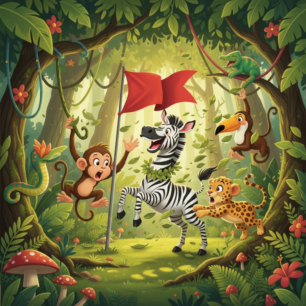 Skielik het 'n sterk vlaag wind deur die bome gewaai, wat die takke laat swaai en die blare laat rondvlieg. Apie Pip en sy vriende het geskrik, maar hul avontuurlike gees het vinnig oorgeneem. Hulle het na die wapperende rooi vlag gekyk wat die wind wou beheer.