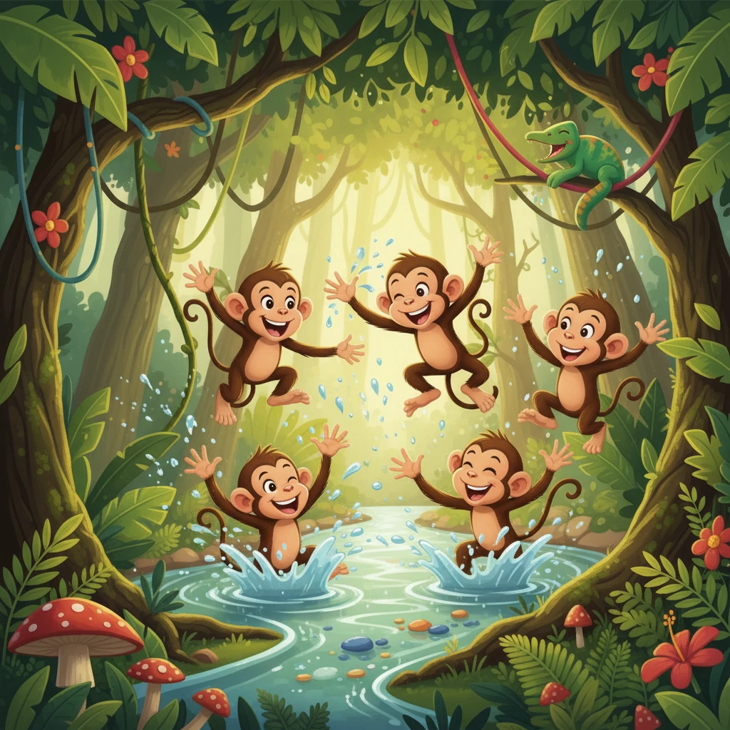 Hulle het 'n vlak stroompie water ontdek, blink en uitnodigend. Die apies het nuuskierig na die water gekyk en besluit om 'n bietjie te speel. Hulle het in die water geplons, gespat en mekaar nat gespat, in die vrolike glimlagte.