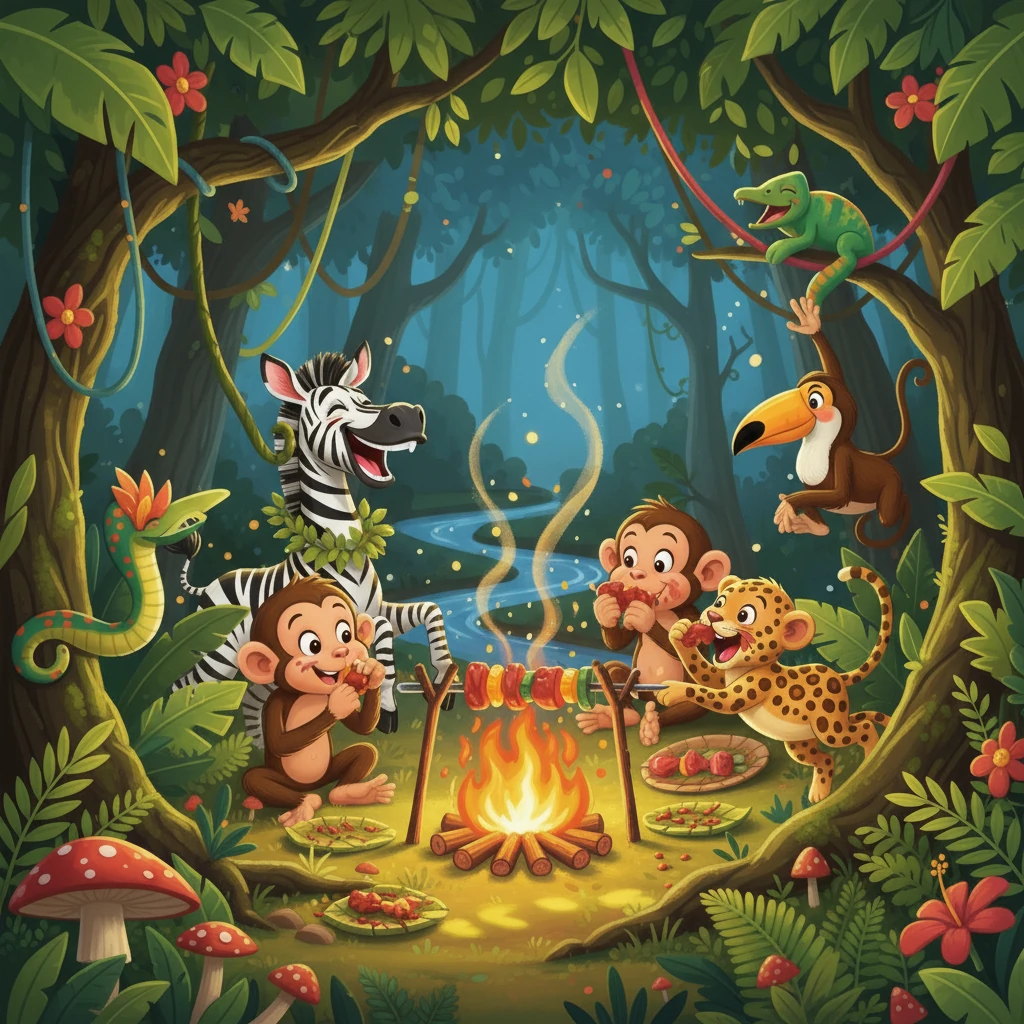 Naby die stroompie het 'n kampvuur helder gebrand, wat warmte en lig uitgestraal het. Apie Pip het na die vuur gekyk en die reuk van geroosterde kos geruik. Die apies het saam gekou en aan die soet vleis geëet.