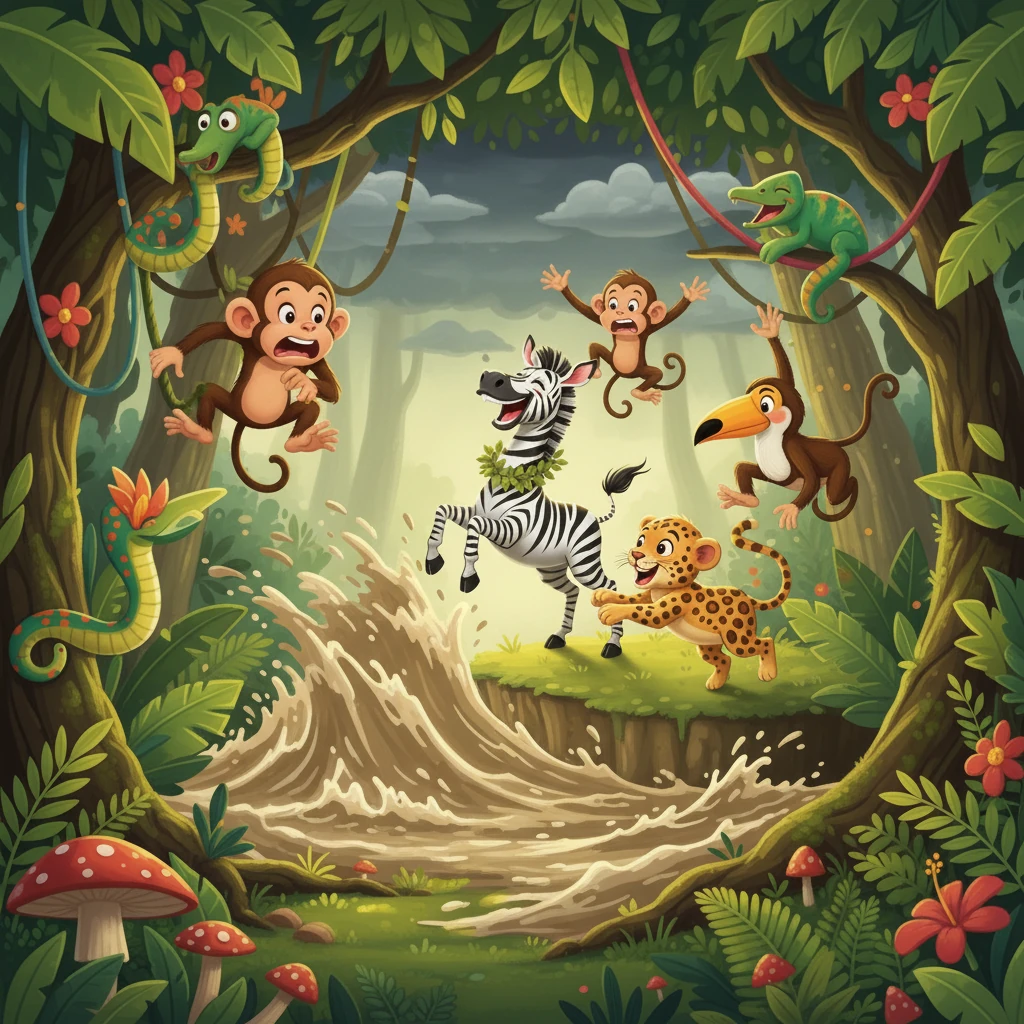 Toe die water van die stroompie begin styg het, het die apies besef iets is fout. 'n Vloed water het begin vloei, en die water het vinnig gestyg. Die apies was bang, maar hulle het geweet hulle moet vinnig optree.