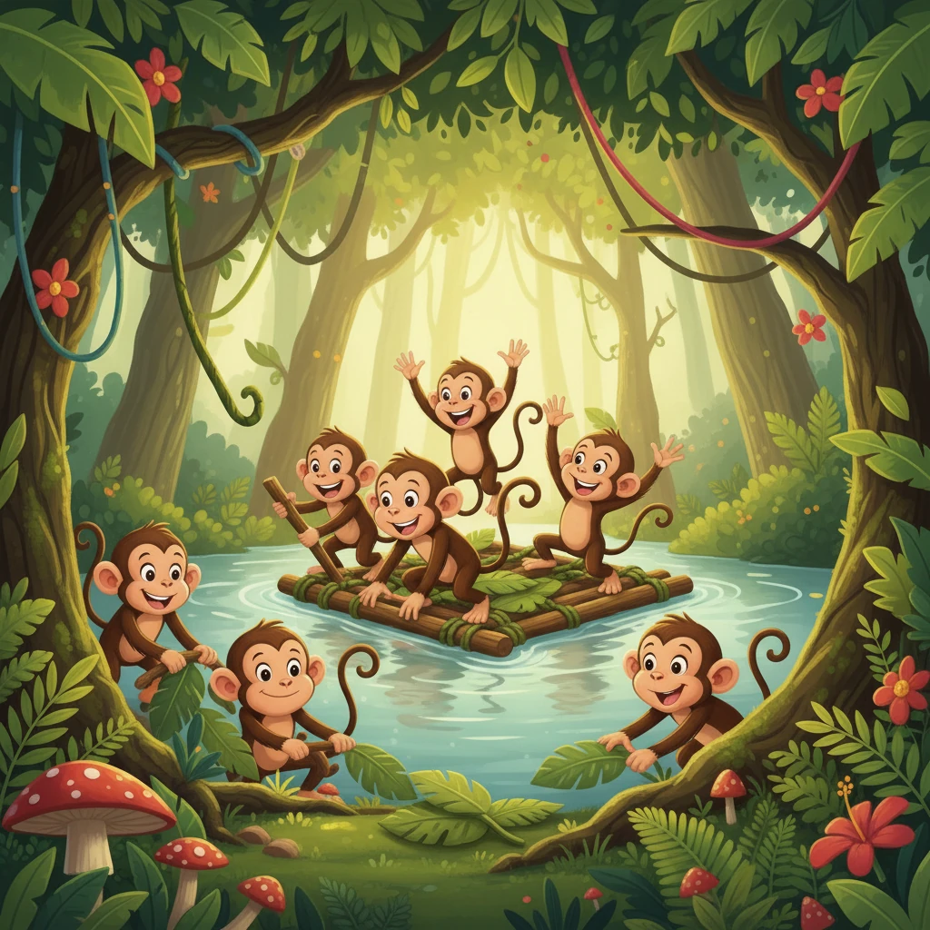 Met spoed het die apies saam begin werk om 'n vlot te bou van takke en blare. Met die vlot gereed, het hulle vrolik oor die water begin dryf, soos 'n vloot van dapper skepe wat 'n nuwe avontuur aandurf.