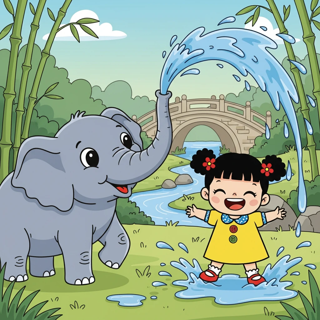 小琪接着遇见了笨拙的大象 (dà xiàng)。大象用它长长的鼻子吸水，然后喷洒出来。小琪笑着躲避着水花，和它一起玩耍。