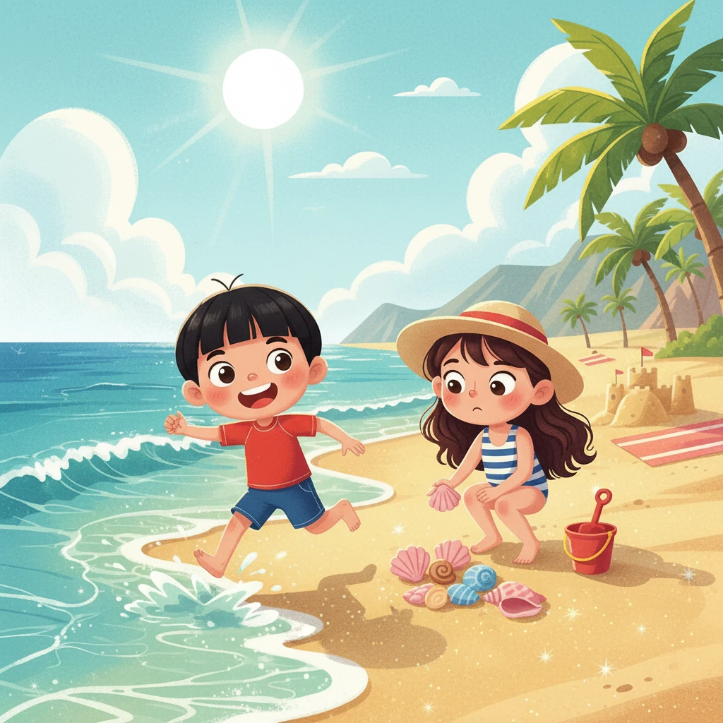 Paul immediately ran towards the water, eager to feel the cool waves on his feet. Annabelle, a bit more cautious, stayed behind, carefully examining a collection of colorful seashells. The air was filled with the smell of salt and sunscreen.