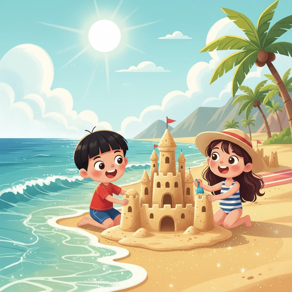 Paul started building an enormous sandcastle, complete with turrets and a moat. Annabelle, inspired by her brother, decided to help. They worked together, laughing and sharing ideas, their castle growing more impressive by the minute.