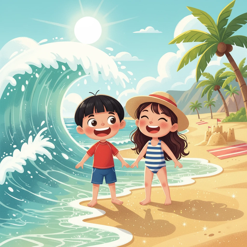 Suddenly, a big wave crashed, washing away part of their castle! Paul and Annabelle were momentarily disappointed, but then they burst into laughter. They decided to rebuild, making it even bigger and better.