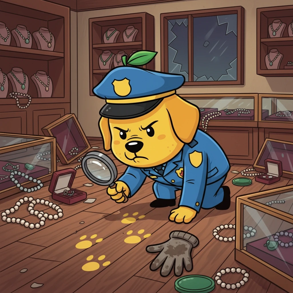珠宝店被盗了！芒果警长立刻赶到现场，蹲下来仔细闻了闻，发现地上有一串黄色的脚印，还有一个脏兮兮的手套。他皱着眉头说：“这是黄鼠狼的味道！”