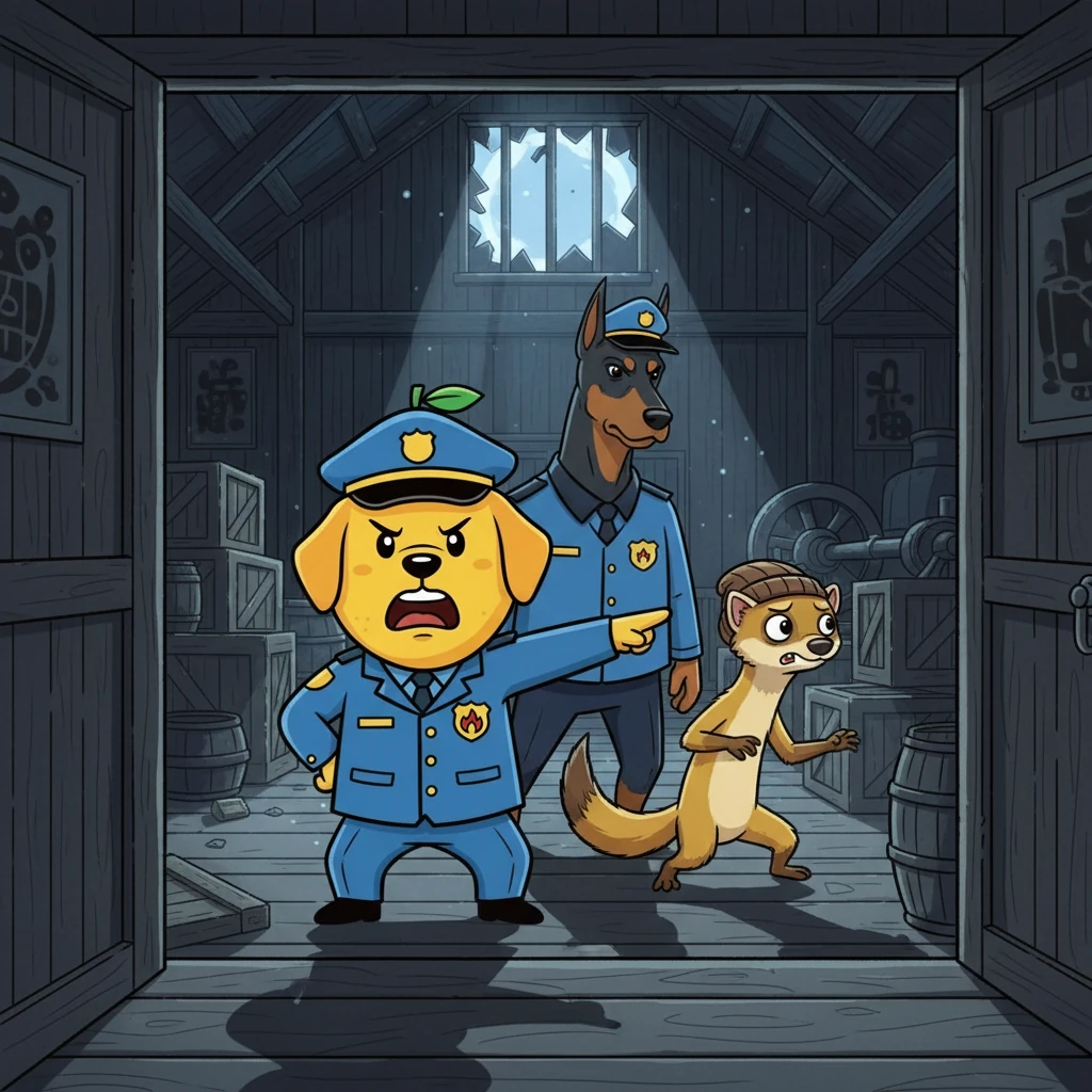 警长带着杜宾警员，悄悄跟踪黄鼠狼。他们穿过森林，绕过小溪，最终来到一个昏暗的仓库前。警长轻轻推开门，大喊：“警察！不许动，你已经无处可逃了！”