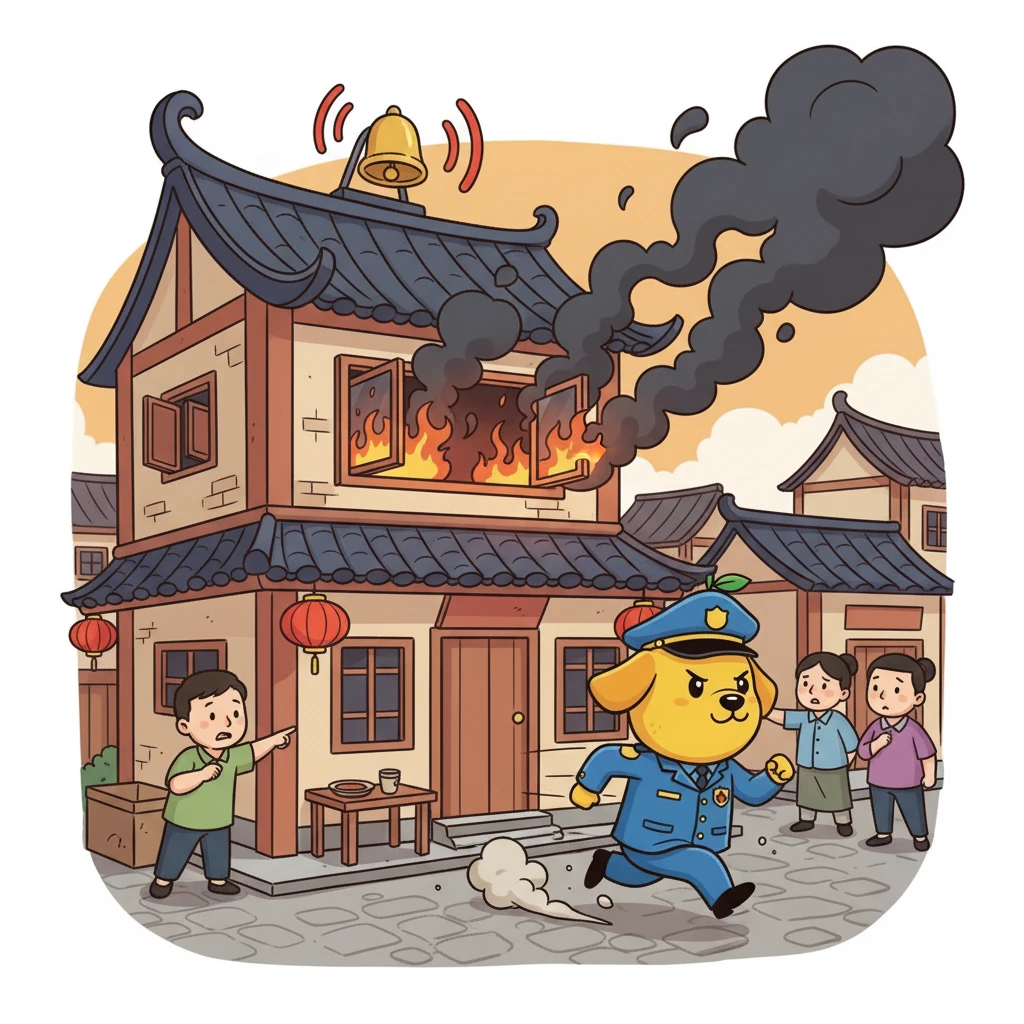 一天，小镇上的一栋房子突然冒出黑烟，警报器“呜呜呜”地响起来！原来是厨房着火了，有人忘记关煤气。芒果警长立刻冲进火场。