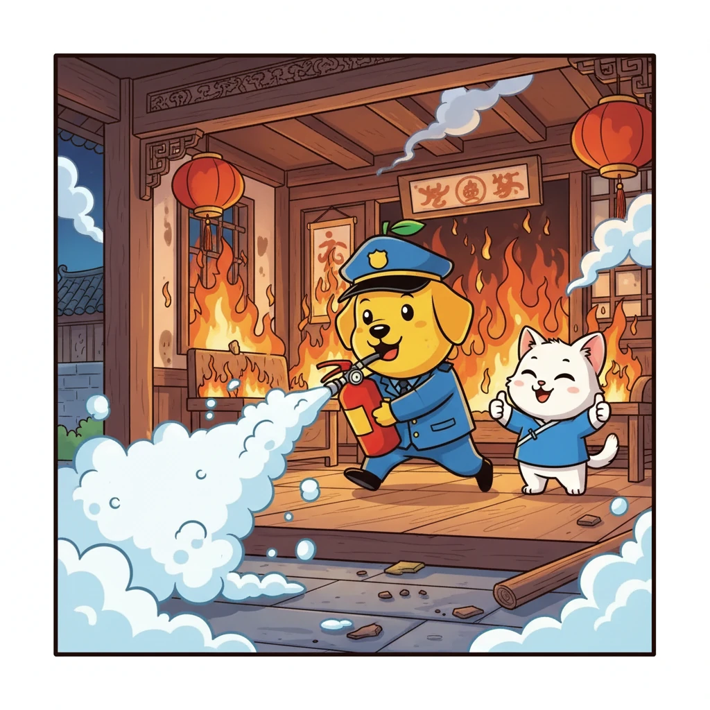 芒果警长勇敢地叼着灭火器冲进火场，对着火苗“噗噗噗”一阵猛喷，很快就扑灭了火苗。房子的主人小花猫竖起大拇指说：“你真是我们小镇的守护神！”