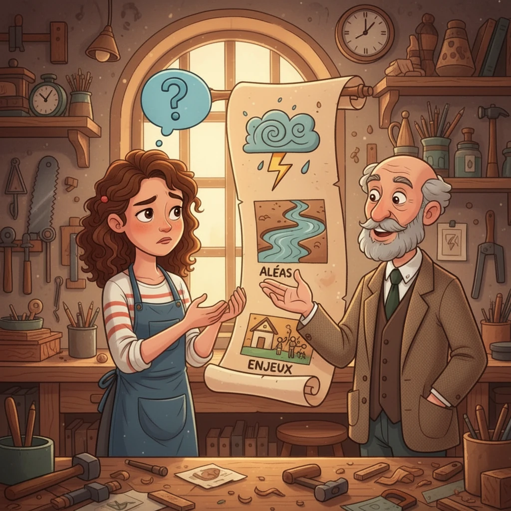 Lina est intriguée et se demande comment identifier les dangers. Le professeur lui explique l'importance de reconnaître les aléas (les événements potentiels) et les enjeux (les personnes, les biens qui pourraient être touchés). Il lui montre des schémas explicatifs clairs.